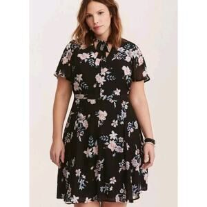 Torrid Floral Print Chiffon Tie Neck Skater Dress black pink blue floral